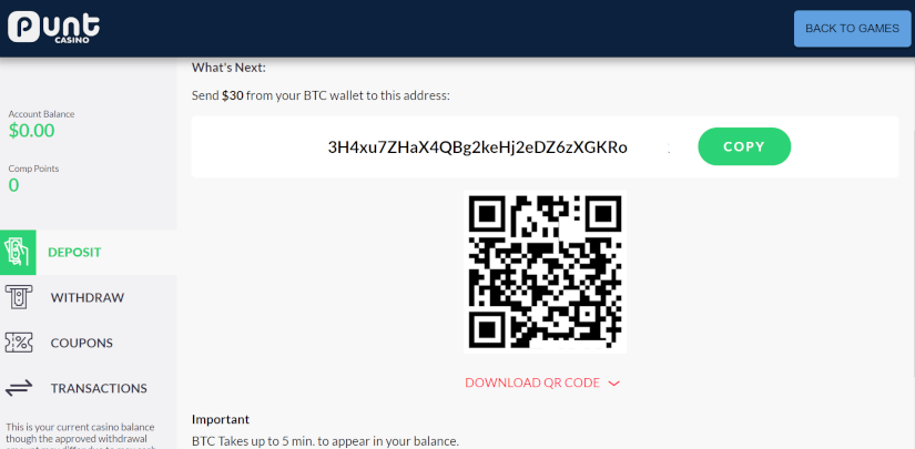 Bitcoin deposits at Punt Casino take only a few minutes with and can be done with a QR code or BTC deposit address.