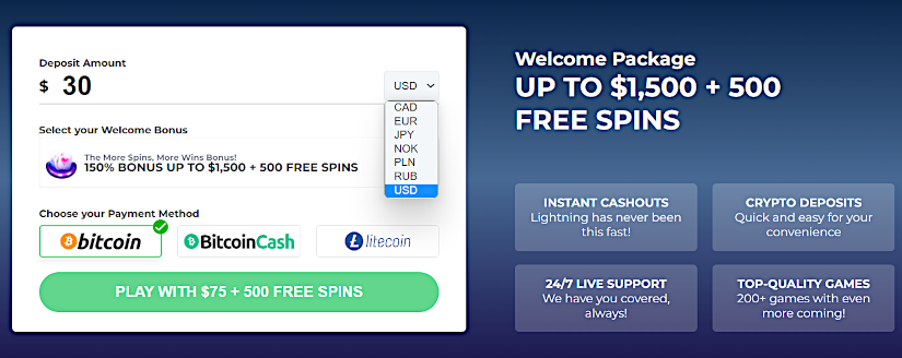 The Punt Casino quick-deposit window allows players to deposit BTC, BCH, and LTC and claim a 150% bonus with 500 free spins.