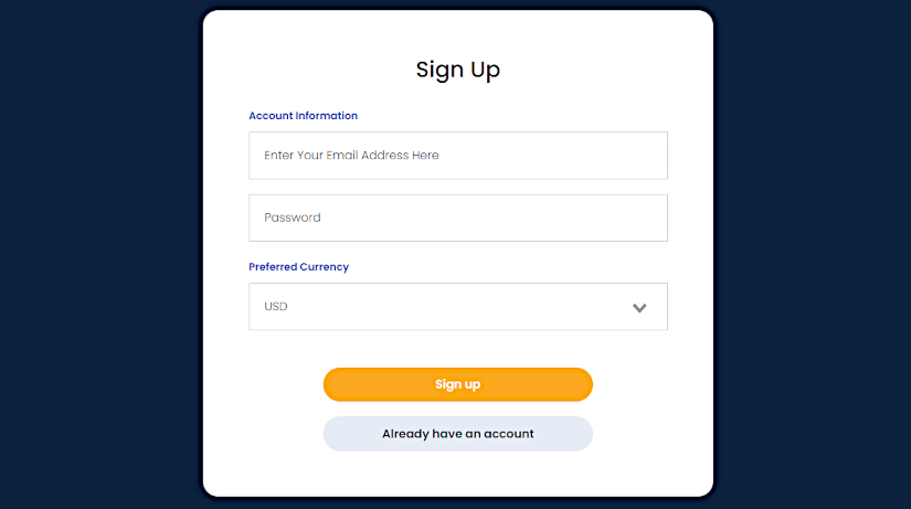 Registering with a Punt Casino account requires very little information, with only an email address and new password required.