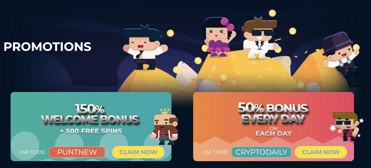 Punt Casino promotions include a 150% bonus + 500 free spins welcome offer and daily deposit bonuses of 50% to help players win.