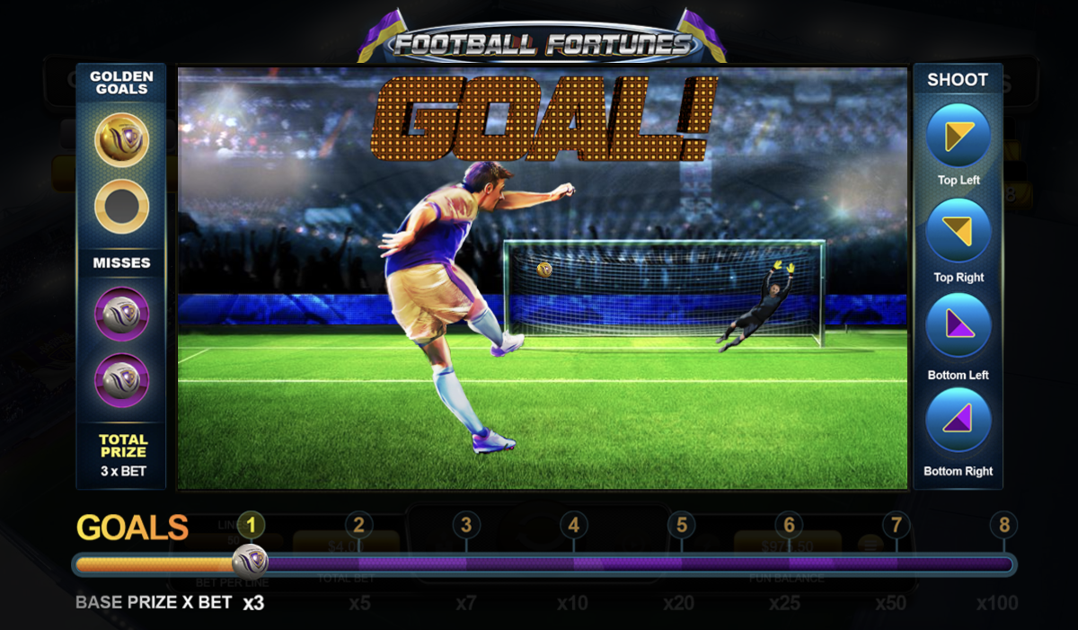 Football Fortunes slot at Punt Casino includes an exciting bonus game where players shoot for the goals to win multiplier payouts.