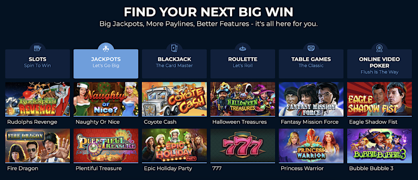 The Punt Casino crypto game menu offers progressive jackpot slots with big money on the line.