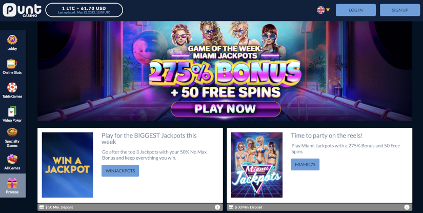 Punt Casino offers frequent promotions with big casino bonuses and free spins to claim.
