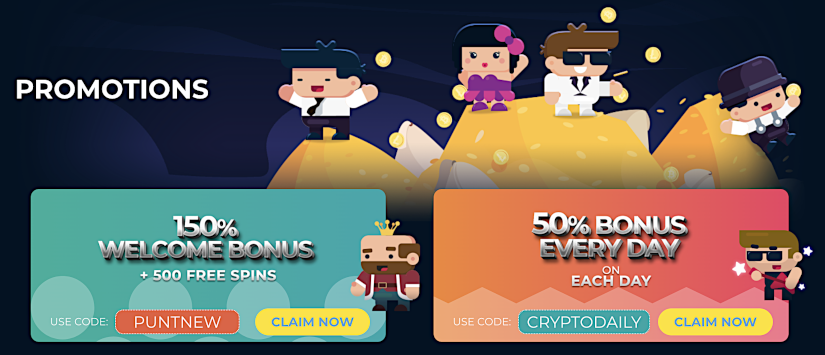 Punt Casino offers a massive 150% first deposit bonus with 500 free spins as well as a 50% deposit bonus daily to all players.
