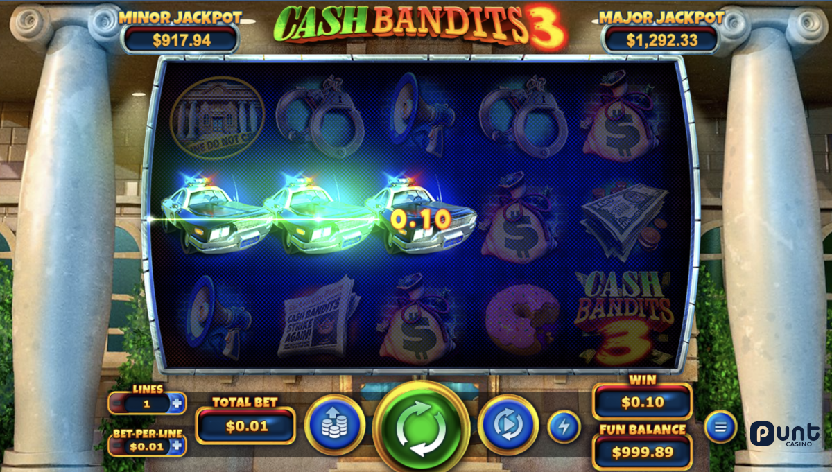 Cash Bandits 3 slot at Punt Casino played with only 1 cent per spin.