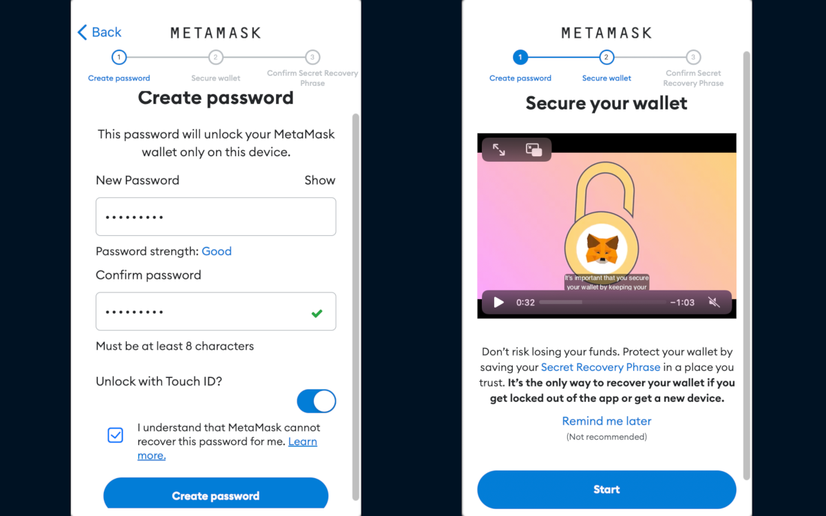 The third and fourth steps when creating a crypt wallet with Metamask.