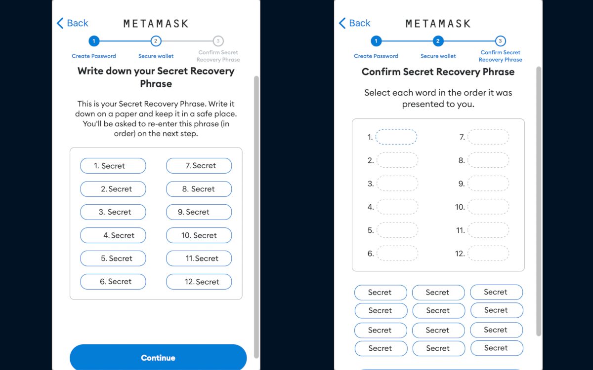 The 5th and 6th steps when creating a crypt wallet with Metamask.