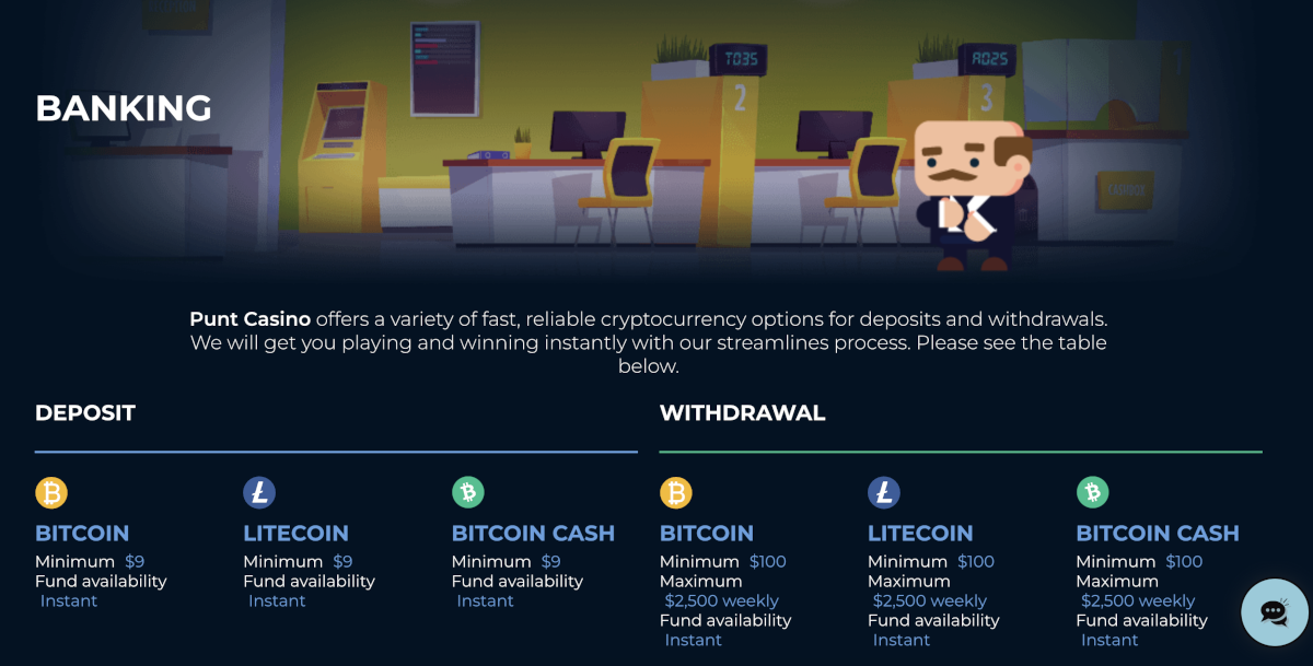 Punt Casino banking options for crypto deposits and withdrawals.